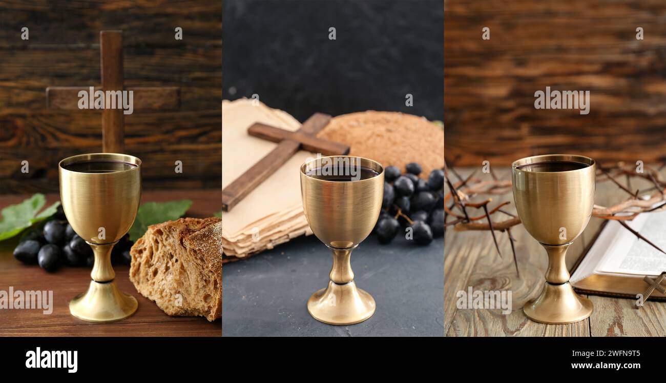 Collage with symbols of Christianity and chalices of wine Stock Photo Alamy