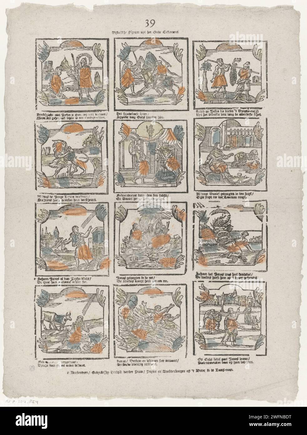Biblical figures uyt the Old Testament, 1761 - 1765 print Leaf with 12 performances of stories from the Old Testament, such as Simson and De Leeuw and Jonah that is thrown on dry land. Under each image a two -way verse. Numbered in the middle: 39. publisher: Amsterdamprint maker: Netherlands paper letterpress printing Old Testament Stock Photo