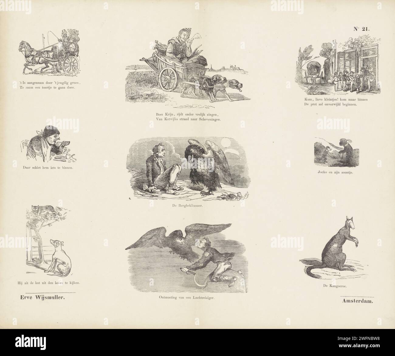 Different performances, Erve Wijsmuller, c. 1828 - c. 1913 print Leaf with 9 performances of different nature, including a eating man, a dog looking a cat from the tree and a kangaroo. A caption under each image. Under the first image The caption: 't is pleasant by doing the youthful greenery, / to do a tour. Numbered at the top right: No. 21. publisher: Amsterdamprint maker: Netherlands paper letterpress printing animals acting as human beings. cat. dog. eating and drinking Stock Photo