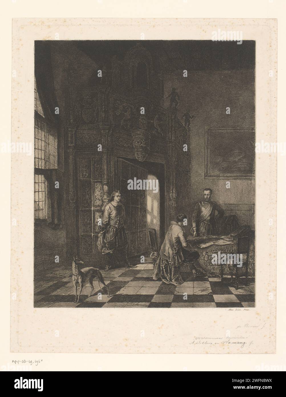Three men and a dog in the Schepenzaal in the town hall of Oudenaarde, Guillaume Joseph Vertommen (attributed to), after Alexandre Louis Lion, 1825 - 1863 print   paper. etching interior of the house. dog. open door Oudenaarde Stock Photo