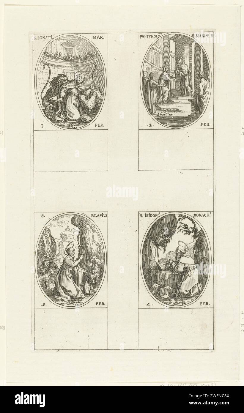 Holy Ignatius of Antioch, presentation of Christ in the Temple (Mary-Lichtmis), Holy Blasius, Holy Isidorus van Pelusium (1-4 February), Jacques Callot, 1632-1636 print Sheet with four oval representations, each with inscription and date in Latin: in the top left of the Saint Ignatius attacked in an arena by wild animals, at the top right the Christ child handed over by Mary to a priest, bottom left the saint Blasius surrounded by wild animals, At the bottom right the holy Isidorus praying in the wilderness at a cross. This print is part of a series of prints with representations of the saints Stock Photo