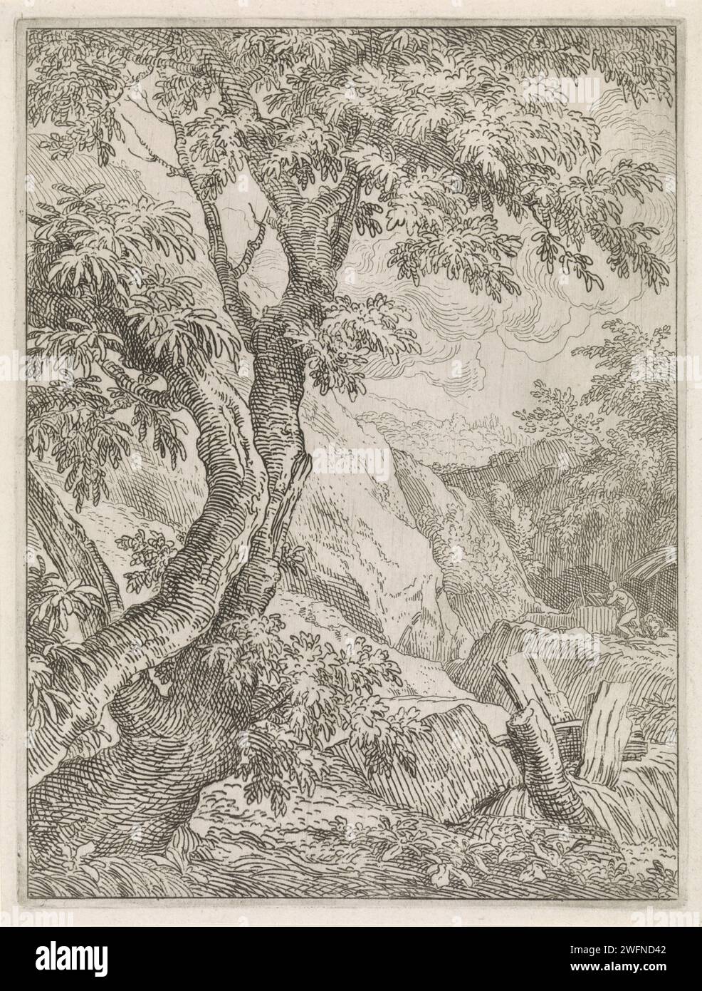 Landscape with Saint Hieronymus, Abraham Genoels, 1650 - 1723 print A landscape with a large tree in the foreground. In the background on the right a cave with the kneeling hieronymus. Next to him his lion. Rome (possibly) paper etching forest, wood. St. Jerome as hermit in a landscape, reading Stock Photo