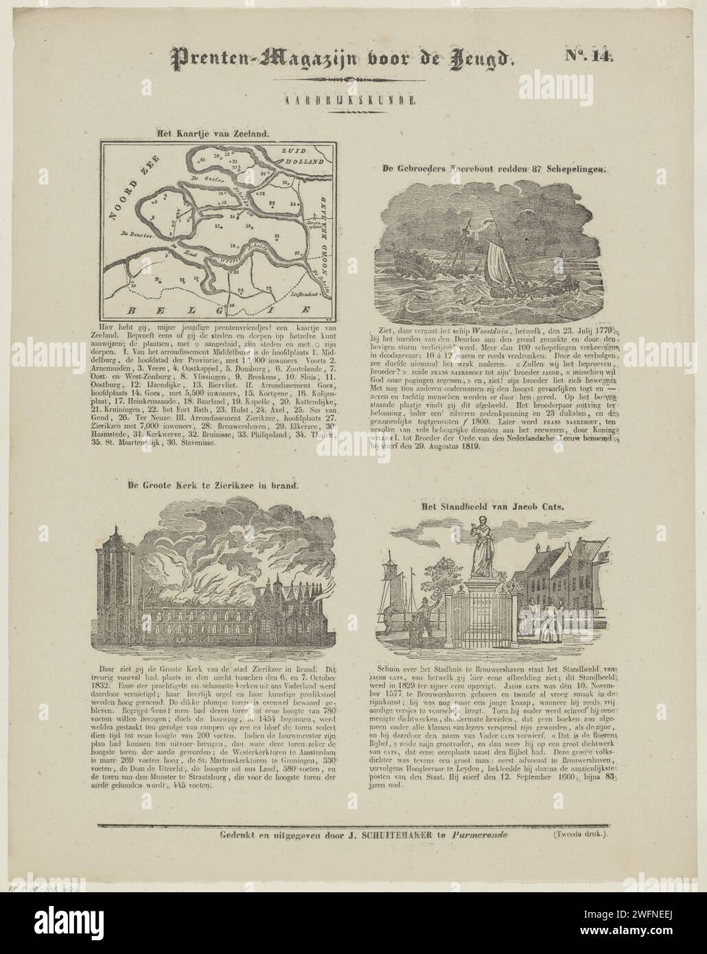 The Province of Zeeland, 1842 print Leaf with 4 performances about the province of Zeeland with a map and important events and monuments: the Naerebout brothers save 87 shipwrecked, the fire in the Sint-Lievensmonsterkerk in Zierikzee in 1832 and the statue of Jacob Cats in Brouwershaven. A title and a caption under each performance above each performance. Numbered at the top right: No. 14. print maker: Netherlandspublisher: Purmerend paper letterpress printing maps, atlases. monument, statue. shipwreck Brouwershaven. Zealand. Zierikzee. Sint-Lievensmonsterkerk Stock Photo