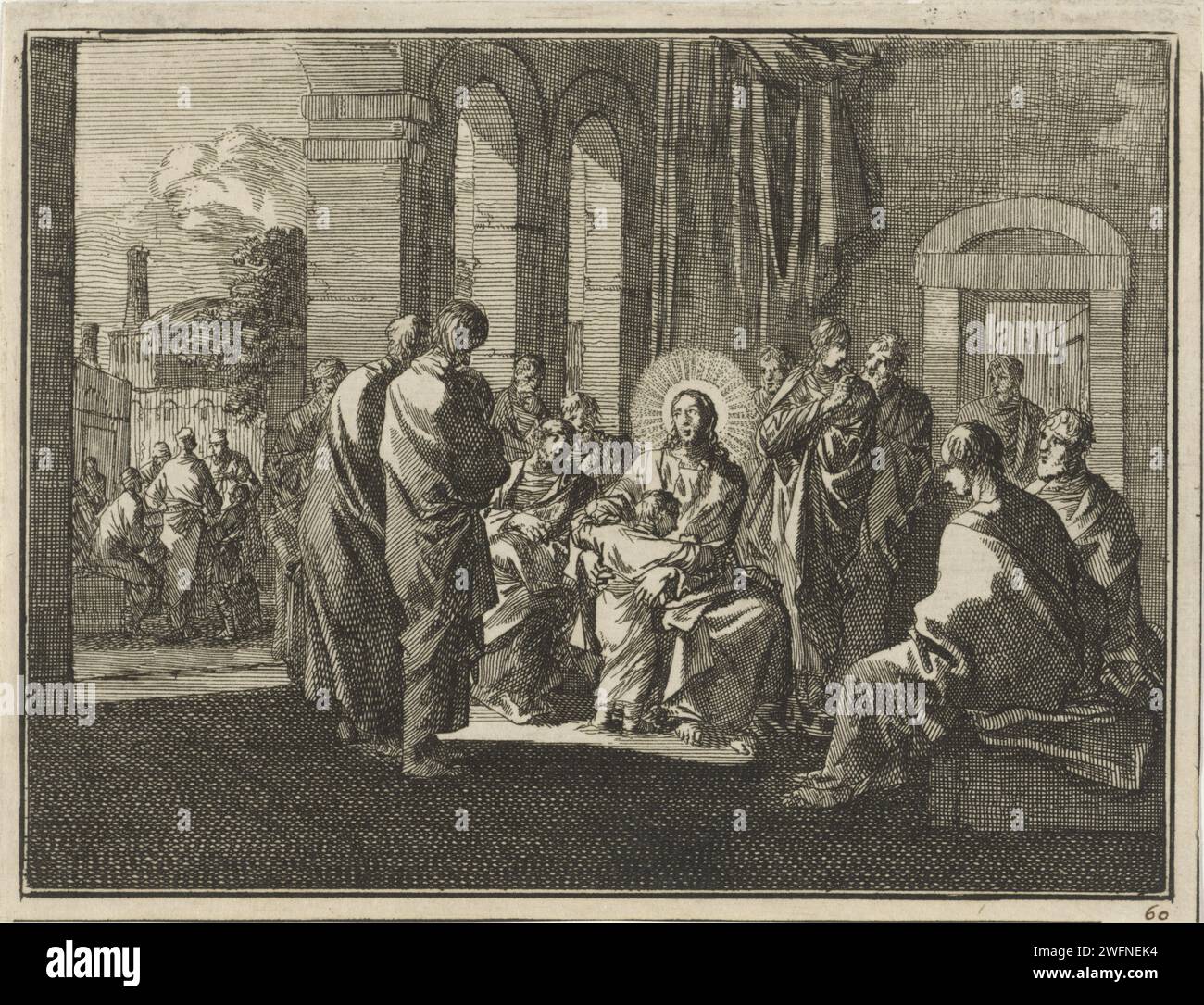 Christ sets his disciples a child as an example, Jan Luyken, 1712 print