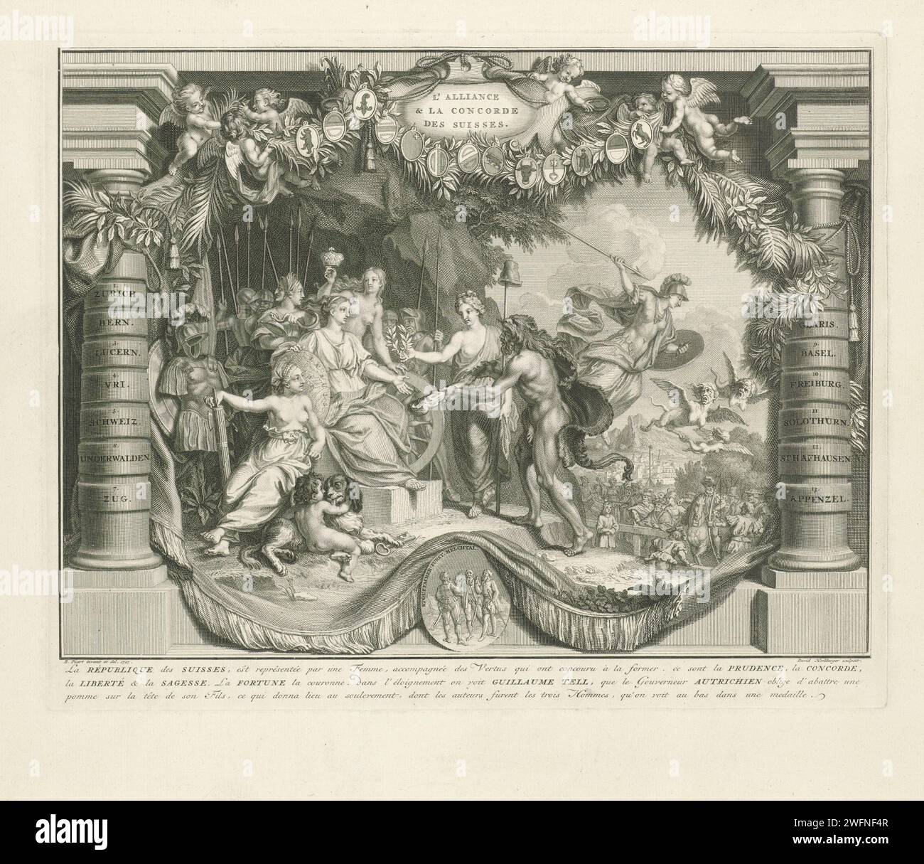 Allegory on the covenant and peace with Switzerland, David Herliberger, After Bernard Picart, 1727 print Hercules offers the personification of the Republic of Switzerland its club. She is surrounded by personifications of the virtues: caution, unity, freedom, wisdom and fortuna. On the right minerva that drives out harpijen. On the right in the background the Swiss crossbowman Willem Tell who was dedicated to shoot an apple from his son's head after he refused to greet the hat that Landvoogd Gessler had put on a stake on the village square as a symbol for the ruling Habsburg . The performance Stock Photo