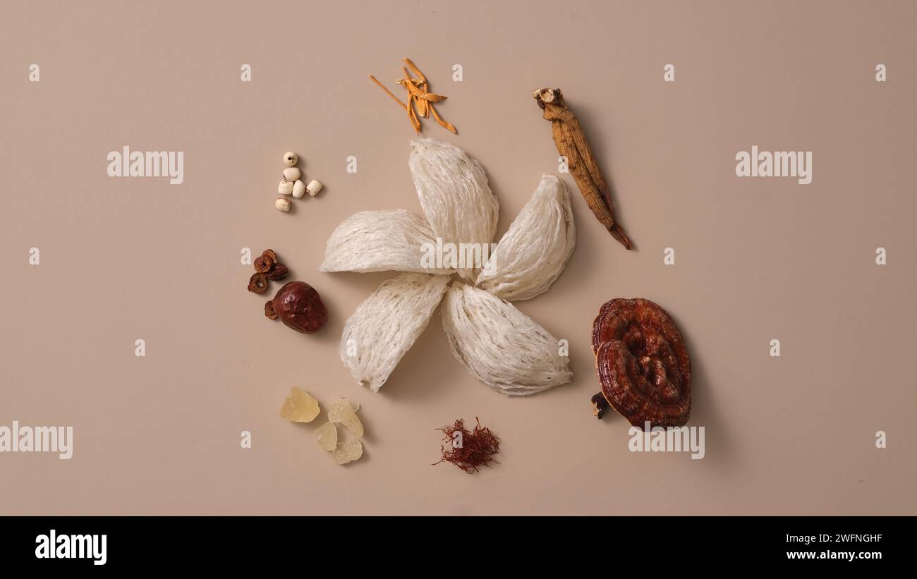 edible bird’s nest displayed with many types of herb, saffron, lingzhi