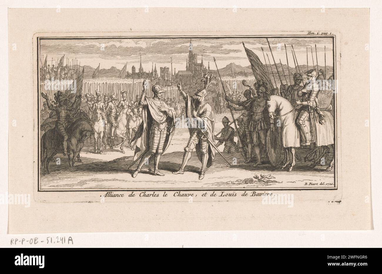 Convention between Charles II de Kale and Lodewijk II de German, Bernard Picart (workshop or), After Bernard Picart, 1720 print Charles II de Kale and Louis II The German concludes the Treaty of Meerssen, on 8 August 870 on the battlefield. They are accompanied by their armies who are placed behind them. In the background a face on the city. At the top right marked: Tom. 2 p. 1. Amsterdam paper etching / engraving alliance, league, union, foedus. land forces. church (exterior) Stock Photo