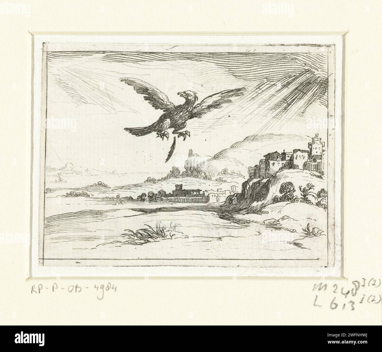 An eagle drops an old feather, Jacques Callot, 1621 - 1635 print Presentation of an eagle who drops a spring flying. This magazine is part of the emblem series 'Monastic Life in Emblemen'. In addition to an illustrated title page and 26 emblems, the second state of this series is a title page and a magazine with assignment, both in book print without image. Nancy paper etching predatory birds: eagle Stock Photo