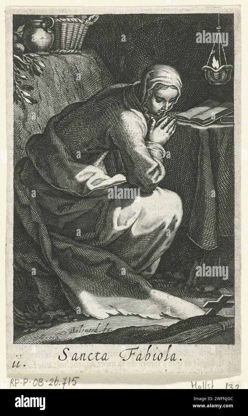 Holy Fabiola van Rome as a recluse, Boëtius Adamsz. Bolswert, after Abraham Bloemaert, 1619 print Holy Fabiola van Rome as a recluse in her hermit's cell. On the Verso is a fragment French text from the edition. print maker: Amsterdampublisher: Low Countriespublisher: Antwerp paper engraving female saints. anchorite, hermit Stock Photo