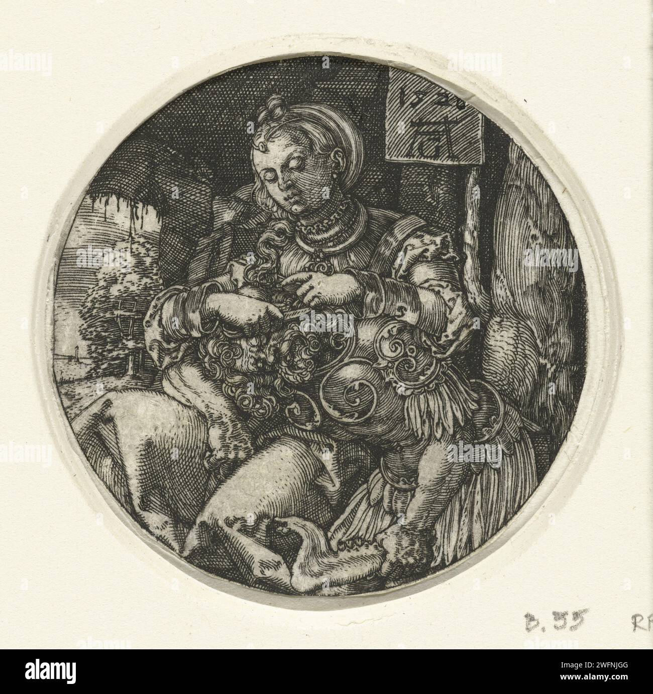 Simson EN Delila, Heinrich Aldegrever, 1528 print Delila cuts the hair from Simson's sleeping on her lap. Germany paper engraving Samson's hairlocks are cut off by Delilah Stock Photo