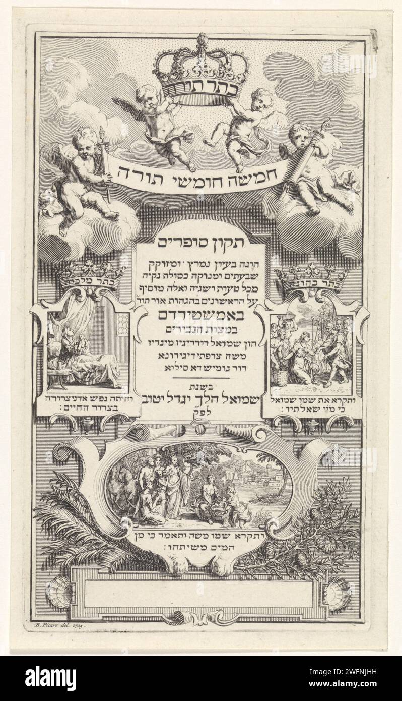 Title page with three Biblical performances in Cartouches, Bernard Picart (workshop of), After Bernard Picart, 1725 print Title page with putti holding a crown and two putti with a banderol on which the title in Hebrew. Below that a Hebrew text on a frame, surrounded by three cartouches in which: the birth of Maria, Abigaïl kneels for David and brings him baskets with bread and Moses is found on the banks of the Nile by the daughter of the Pharaoh. Amsterdam paper etching / engraving ornaments  art. David and Abigail (1 Samuel 25). birth and youth of Mary. the finding of Moses: Pharaoh's daug Stock Photo