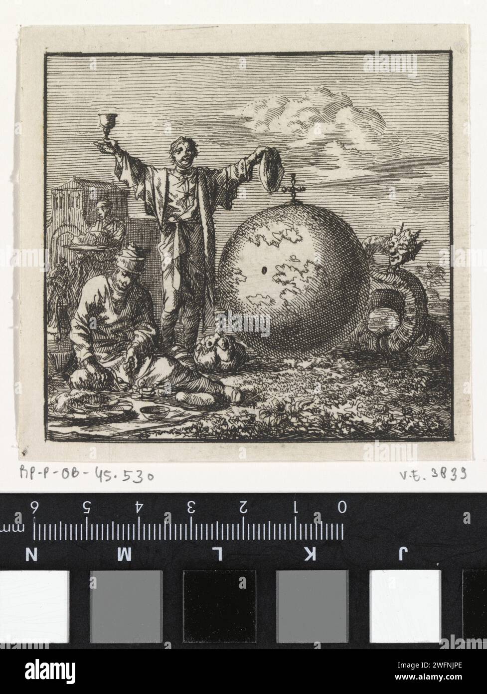 Two men enjoy drinks and food while Satan watches from behind the globe, Jan Luyken, 1710 print  Amsterdam paper etching devil(s) and demons: Satan. earth, world as celestial body. eating and drinking Stock Photo