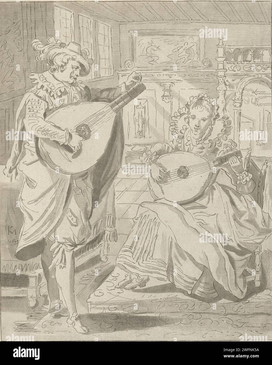 Luiten playing Lord and Dame, Cornelis Ploos van Amstel, After Karel van Mander (I), 1772 print Interior with a man and a woman who both play the lute. Amsterdam paper etching lute, and special forms of lute, e.g.: theorbo. interior of the house Stock Photo