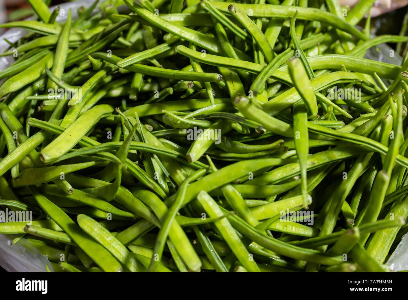 guar or cluster bean at vegetable store for sale at evening Stock Photo