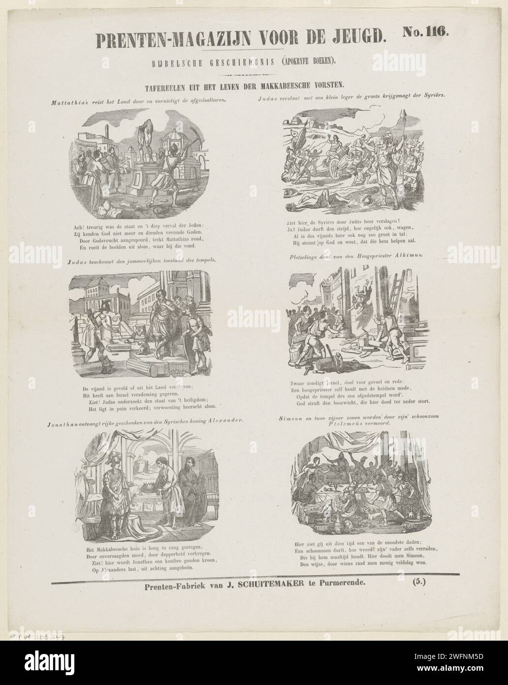 Scenes from the life of the Makkabee princes, 1850 print Leaf with 6 performances of stories from the Old Testament. Above each image a title, under each image a four -line verse. Numbered at the top right: No. 116, numbered at the bottom right: (5.). Publisher: Purmerendprint Maker: Netherlands paper letterpress printing Old Testament. (books of the) Maccabees Stock Photo