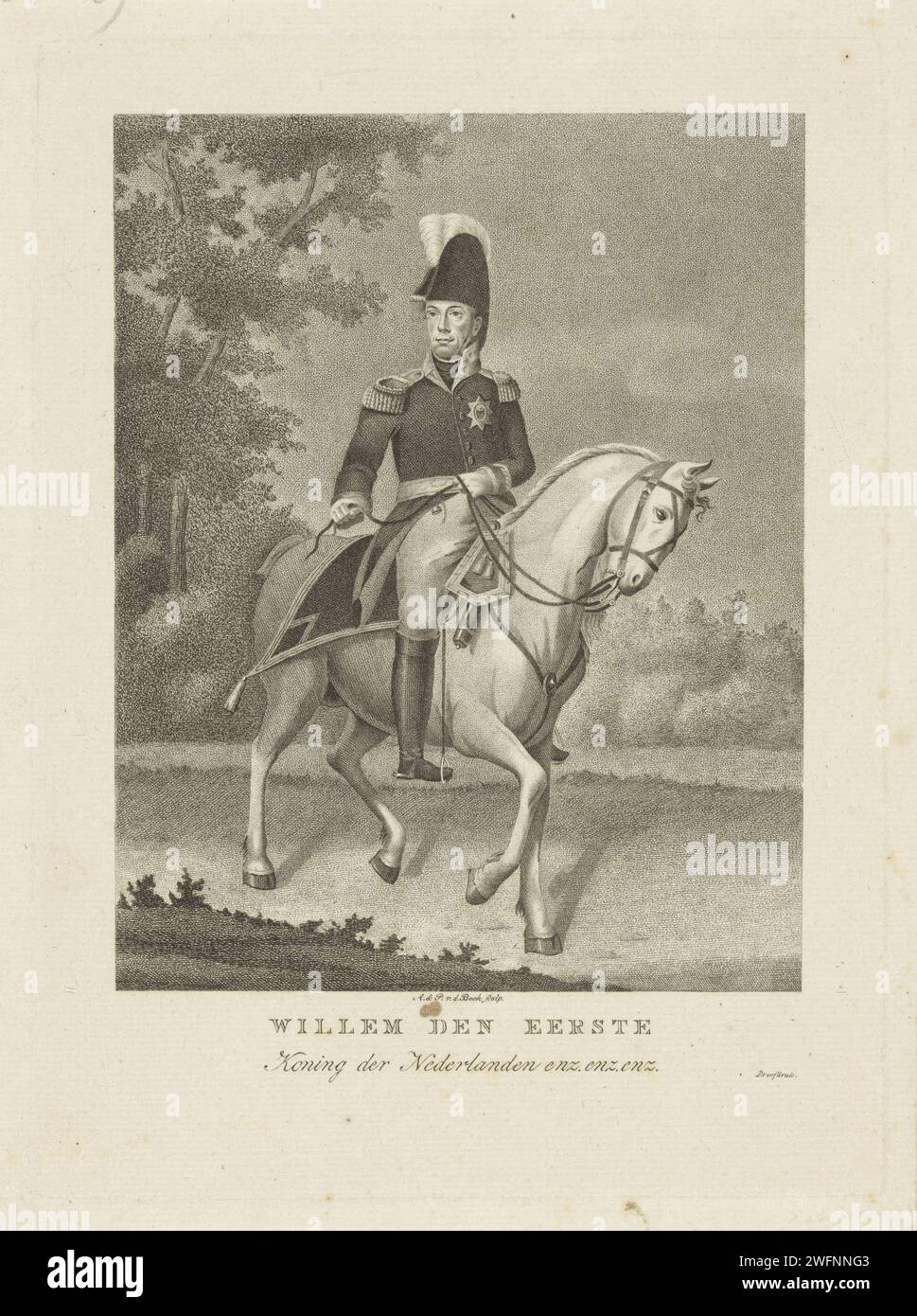 Bridle portrait of William I Frederik, King of the Netherlands, Antonie and Pieter van der Beek, 1815 - 1821 print Equestrian portrait of Willem I Frederik. There are name and titles in the lower margin. 'Proef pressure. Amsterdam paper engraving / etching knighthood order (with NAME) - insignia of a knighthood order, e.g.: badge, chain (with NAME of order) Stock Photo
