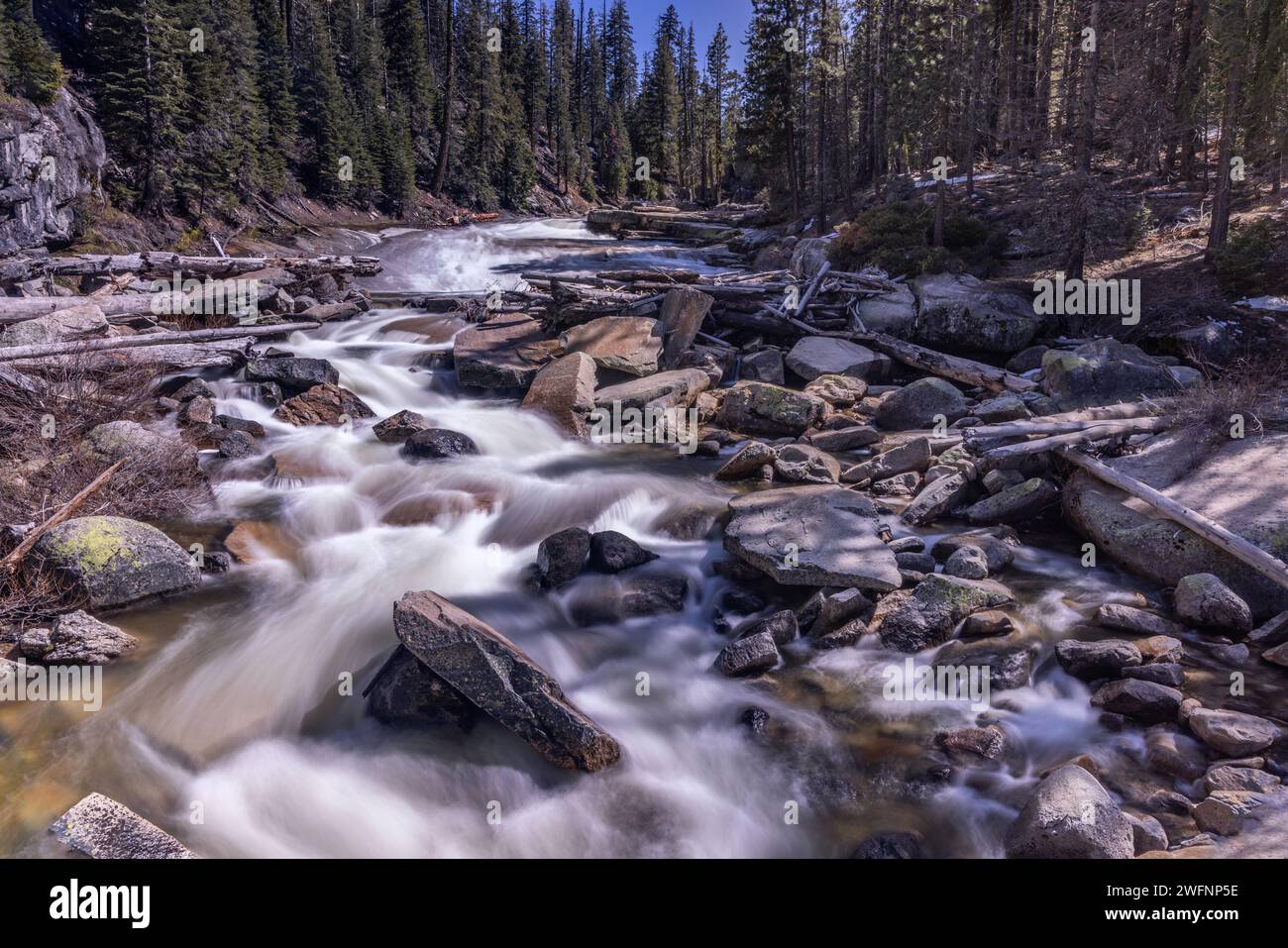 California landscape with the cascades of the Merced River from the Panorama Trail of Yosemite National Park. Stock Photo