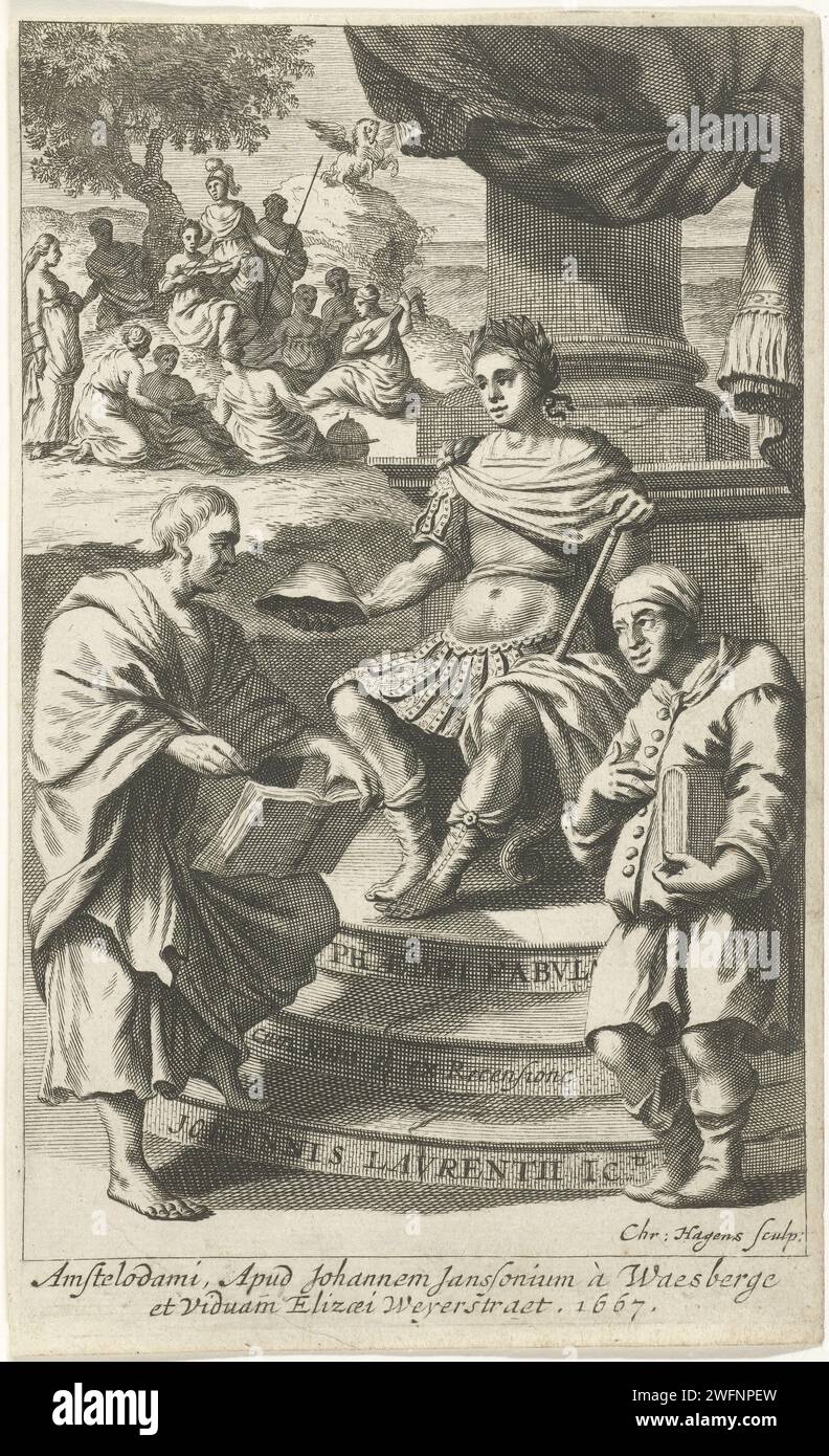 Roman emperor on a throne, Christiaan Hagen, 1667 print A Roman emperor in classical armor and with laurel wreath on the head, sitting on a throne, with a hat in his right hand. Two men with books left and right. On the steps of his throne the title in three lines in Latin. Behind him a landscape with the nine muses and two figures under a tree on Mount Helicon. Behind it Pegasus on a cloud. At the bottom two lines with data about the publisher in Latin. Amsterdam paper engraving / etching crowning with laurel. armour. book. musician - CC - out of doors. Pegasus, the winged horse. Helicon, sac Stock Photo