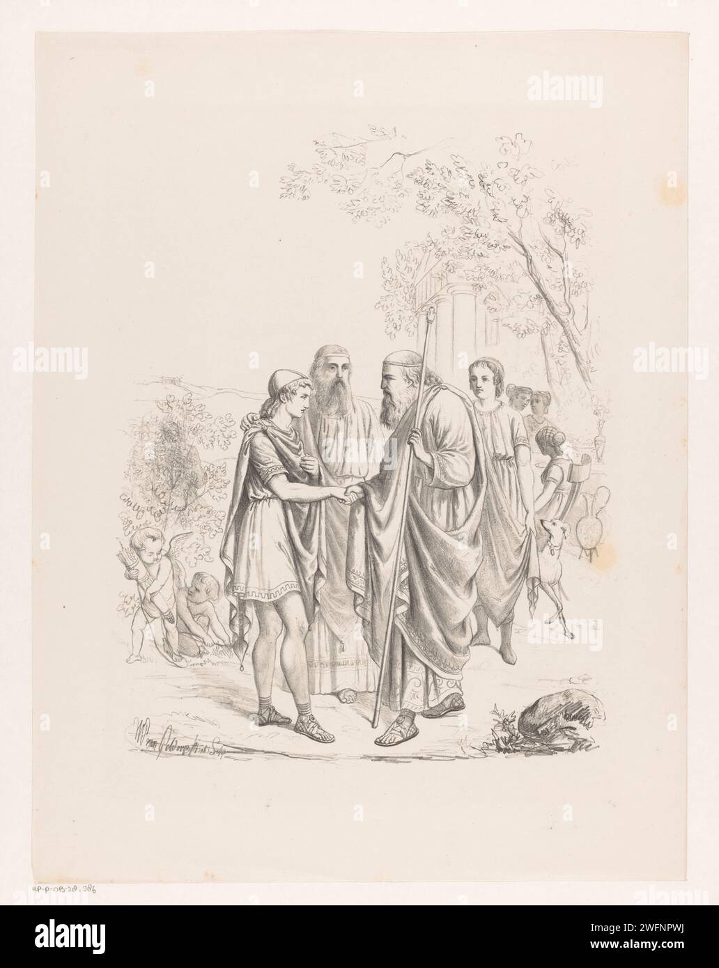 Telemachus visits Nestor on the island of Pylon, Wilhelmus Petrus van Geldorp, 1870 print Telemachus left home to find his father Odysseus. Athena, disguised as an old man named Mentor, accompanies him. She gives him the courage to address King Nestor. Rotterdam paper  Telemachus' encounter with Nestor at the sea-shore during a sacrifice to Neptune. shaking hands, 'dextrarum junctio'. Nestor Stock Photo