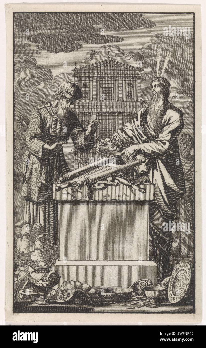 Moses and Aaron standing behind an altar, Jan Luyken, 1705 print  Amsterdam paper etching Moses (not in biblical context); possible attributes: rays of light or horns on his head, rod, Tables of the Law. Aaron (not in biblical context); possible attributes: attributes of Aaron: censer, dressed as high priest or bishop, ointment jar, rod or flowering wand Stock Photo