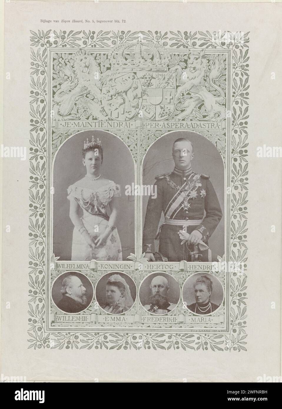 Portraits of Wilhelmina, Queen of the Netherlands, and Hendrik van Mecklenburg-Schwerin, 1901 photomechanical print Portraits of Wilhelmina and Hendrik, each under a bar with their names and titles on a banderole. In the middle of two weapons with a crown and two lions. In the middle of portraits of Willem III, Emma, Frederik Frans II and Marie, each in a circle with their names on a banderol. Entirely in a rectangle of orange branches. Manufactured on the occasion of the marriage of Wilhelmina and Hendrik in The Hague on 7 February 1901. Attachment of 'Eigen Haard'. Netherlands paper  (civil) Stock Photo