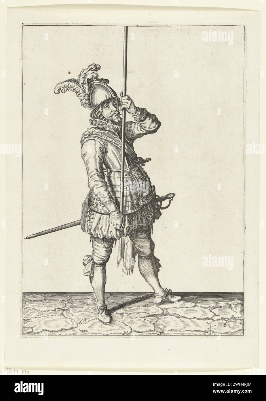 Soldier who holds his skewers upright in front of him high above the ground, Jacques de Gheyn (II) (workshop of), after Jacques de Gheyn (II), 1597 - 1607 print A soldier, in full, to the right, who holds a skewer (lance) with both hands upright in front of himself high above the ground. This is the first act for the upright to the ground of the skewer. This print is part of the series of 32 numbered prints of skewers from the arms handling. Netherlands paper engraving manoeuvre  military training. warfare; military affairs (+ mercenary troops, e.g.: lansquenets). helved weapons, polearms (fo Stock Photo