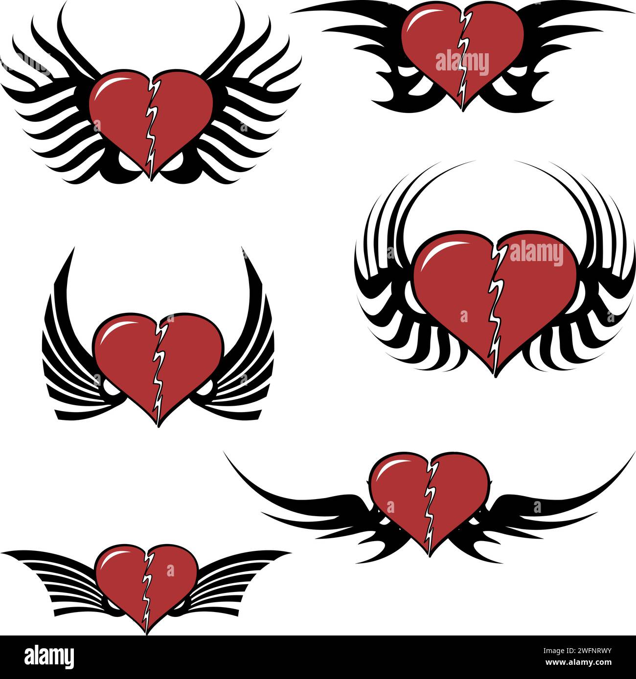 red winged heart tattoo ink sticker pack collection in vector format Stock Vector