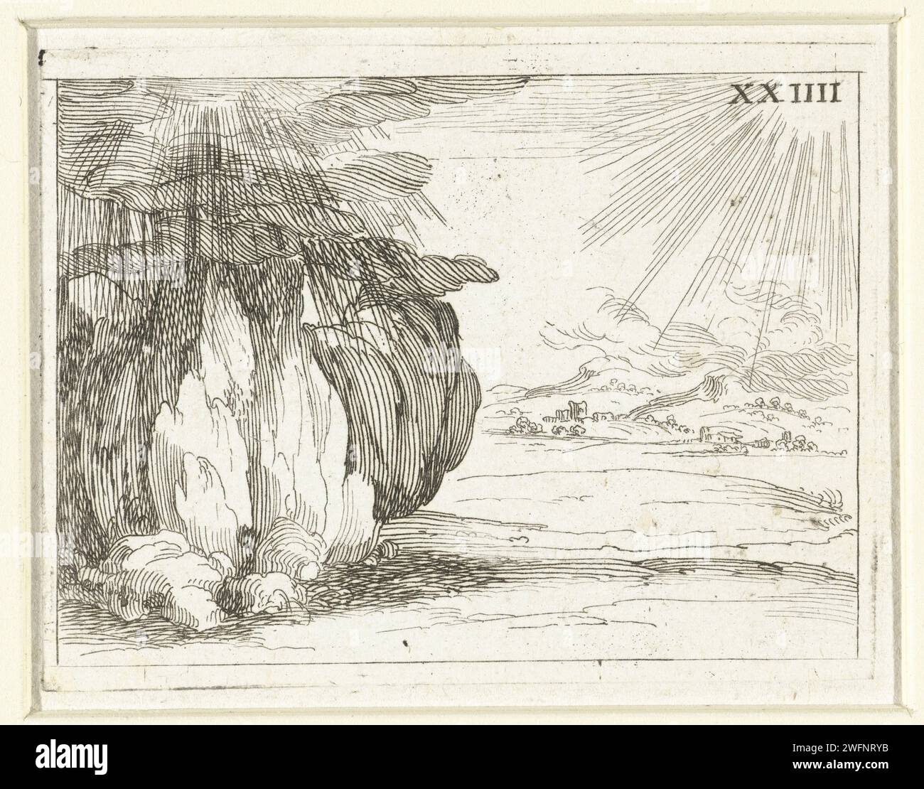 Zon in Regen, Jacques Callot, 1646 print Presentation of a rain shower above a rock and sunshine above a landscape. This magazine is part of the emblem series 'Life of Maria in Emblemen'. In addition to a title page and 26 emblems, the first state of this series also includes three blades with hymns on Maria in book print without image. print maker: Nancypublisher: Paris paper etching sun as celestial body. rain Stock Photo