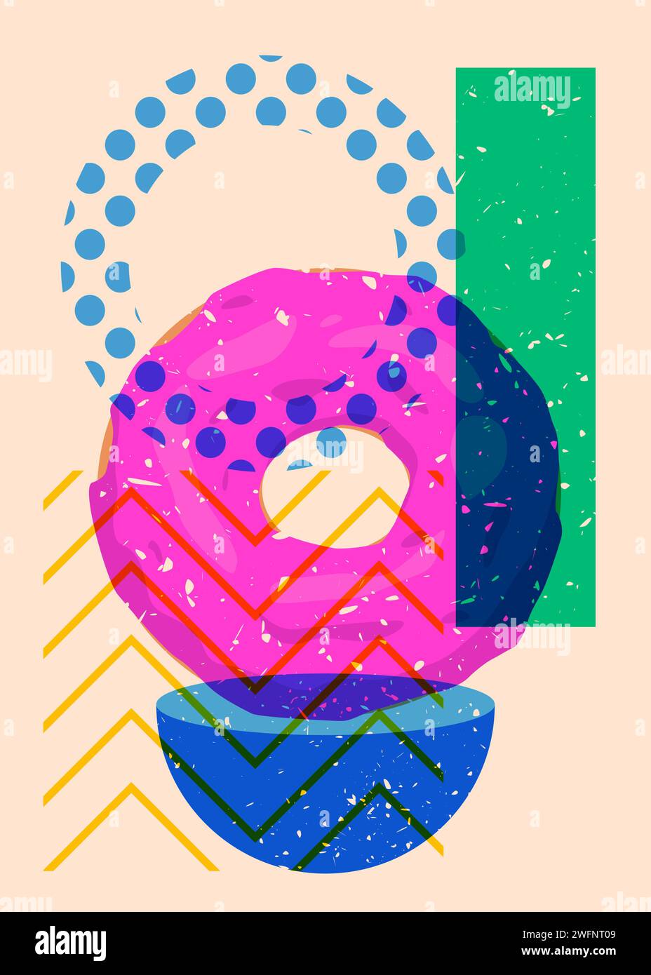 Risograph Doughnut with geometric shapes. Objects in trendy riso graph print texture style design with geometry elements. Stock Vector