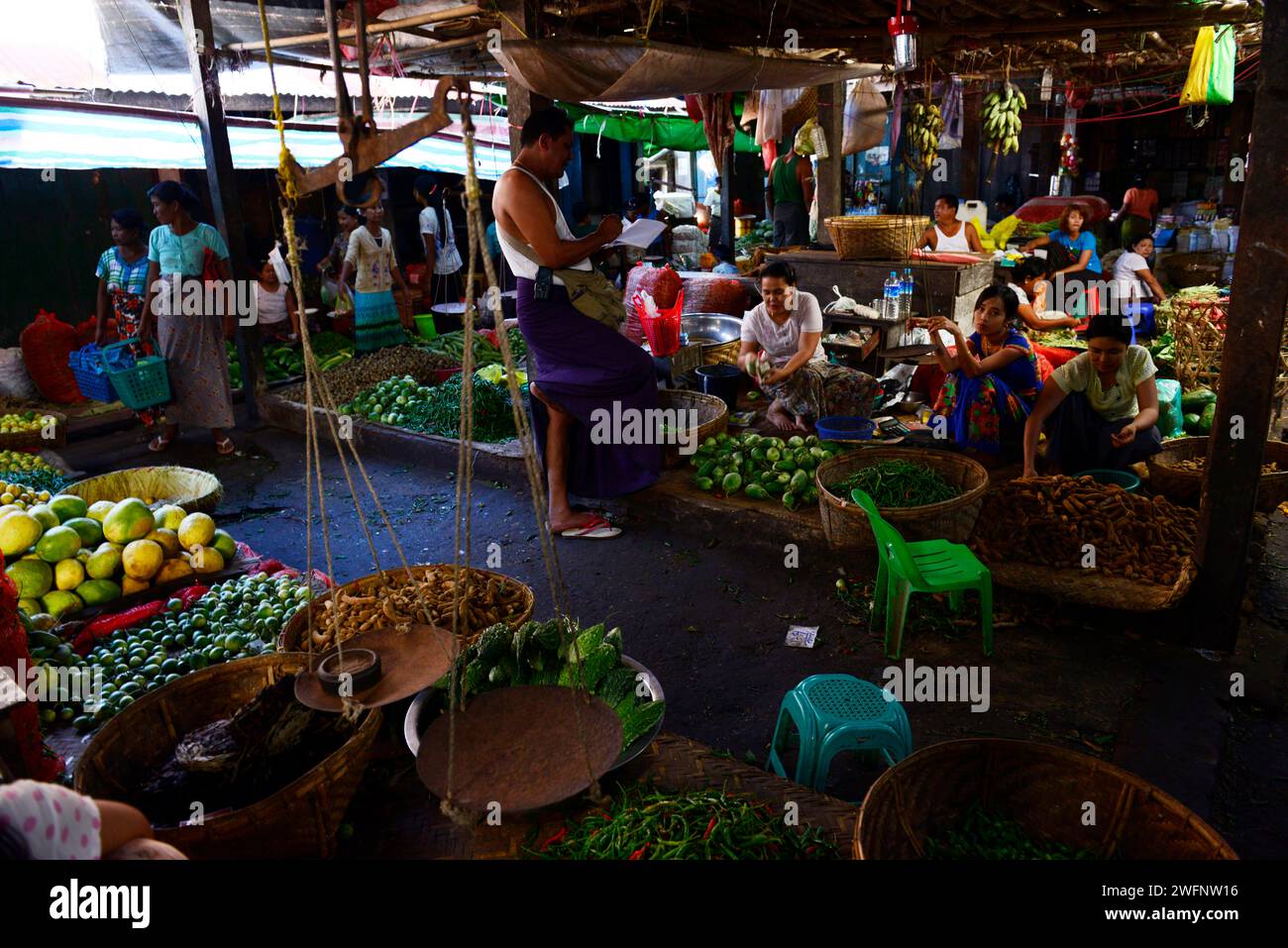 The vibrant fresh produce market in Sittwer, Myanmar. Stock Photo