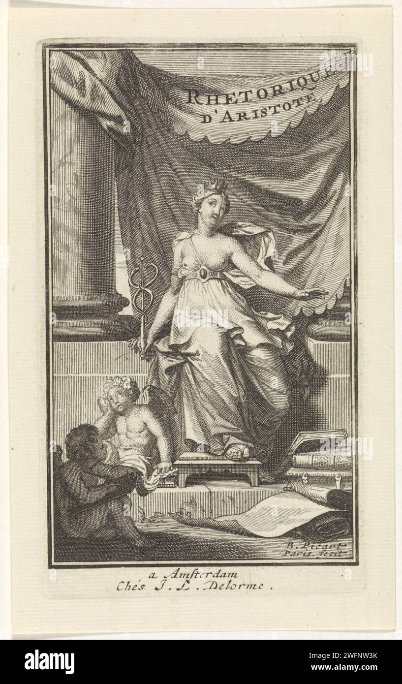 Eloquence, Bernard Picart, 1698 print The female personification of eloquence, crowned and a caduceus (symbol of eloquence and reason). She is accompanied by two putti. Above her on a drapery the title in French. print maker: Parispublisher: Amsterdam paper etching / engraving Power of Eloquence; 'Forza sottoposta all'Eloquenza' (Ripa). caduceus (staff with two snakes, attribute of Mercury) Stock Photo