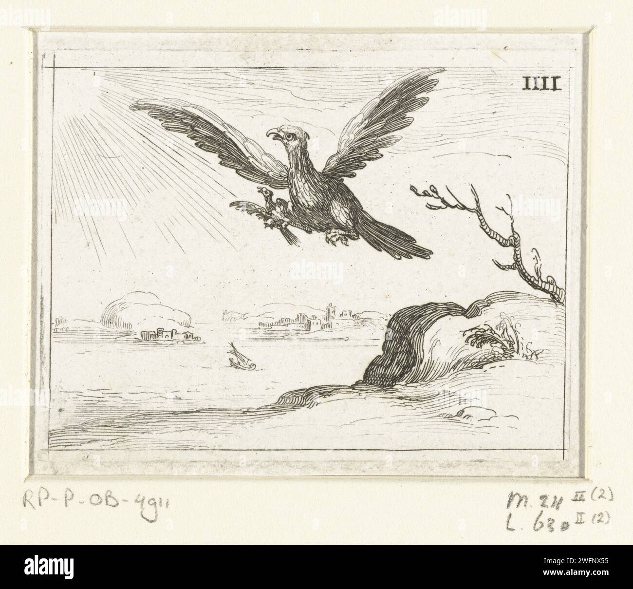 Eagle with young, Jacques Callot, 1646 print Presentation of an eagle who flies to the sun with his young. Among them a coastal landscape. This magazine is part of the emblem series 'Life of Maria in Emblemen'. In addition to a title page and 26 emblems, the first state of this series also includes three blades with hymns on Maria in book print without image. print maker: Nancypublisher: Paris paper etching predatory birds: eagle Stock Photo