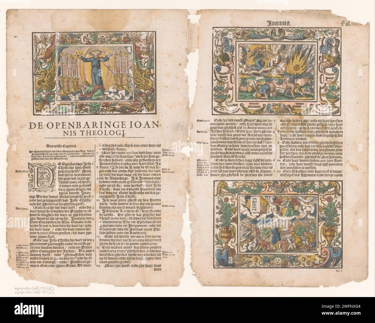 Three performances from the Revelation of Johannes (Apocalyps), 1600 - 1699 print The vision of the seven golden lamp stands, the fifth angel blows on the Bazuin and the sixth angel blows on the trumpet. Netherlands paper letterpress printing the Revelation of John, the Apocalypse. Christ between seven golden candlesticks appears to John, who falls to the ground; a sword comes out of Christ's mouth and he holds seven stars in his hands. the fifth of the seven angels sounds the trumpet: the falling star opens up the bottomless pit: smoke comes out. the plague of the monstrous locusts with crown Stock Photo