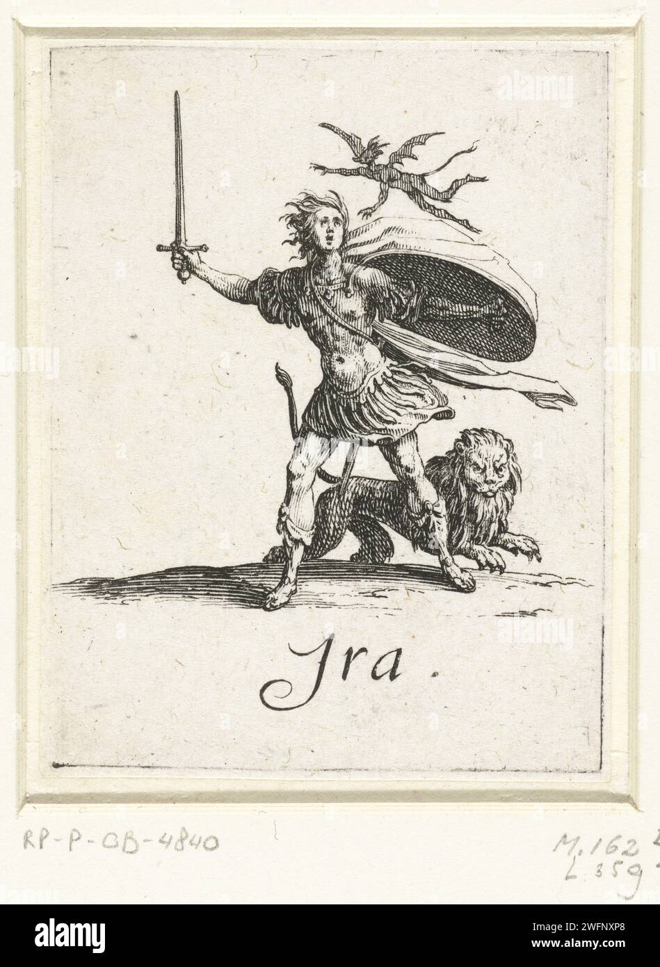 WOEDE, Jacques Callot, 1618 - 1625 print A soldier is ready to attack with his sword. Behind him is a lion, a devil flies above him. Under the show The Latin term for the sin that the man depicts. This print is part of a series of seven prints on which the deadly sins are displayed as allegorical figures. Florence (possibly) paper etching Anger; 'Ira' (Ripa)  personification of one of the Seven Deadly Sins Stock Photo
