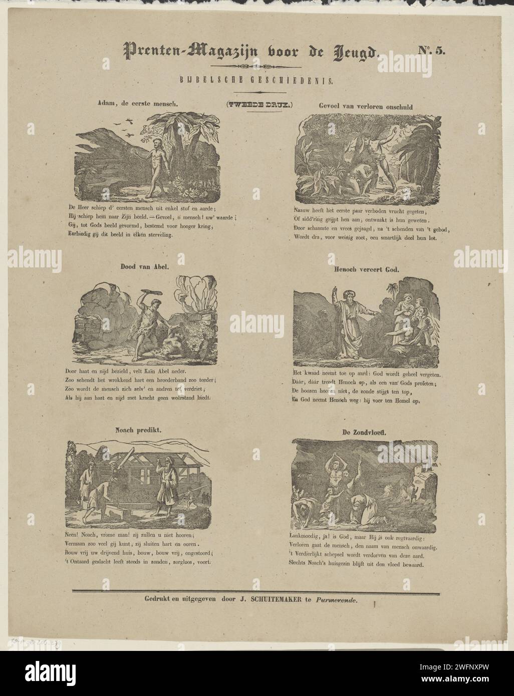 Scenes from the Old Testament, 1842 print Leaf with 6 performances of stories from the Old Testament, such as the death of Abel and Noah who preaches. Above each performance a title and a four -line verse below each performance. Numbered at the top right: No. 5. Purmerend paper letterpress printing Adam as founder, initiator. story of Noah. Abel's death Stock Photo