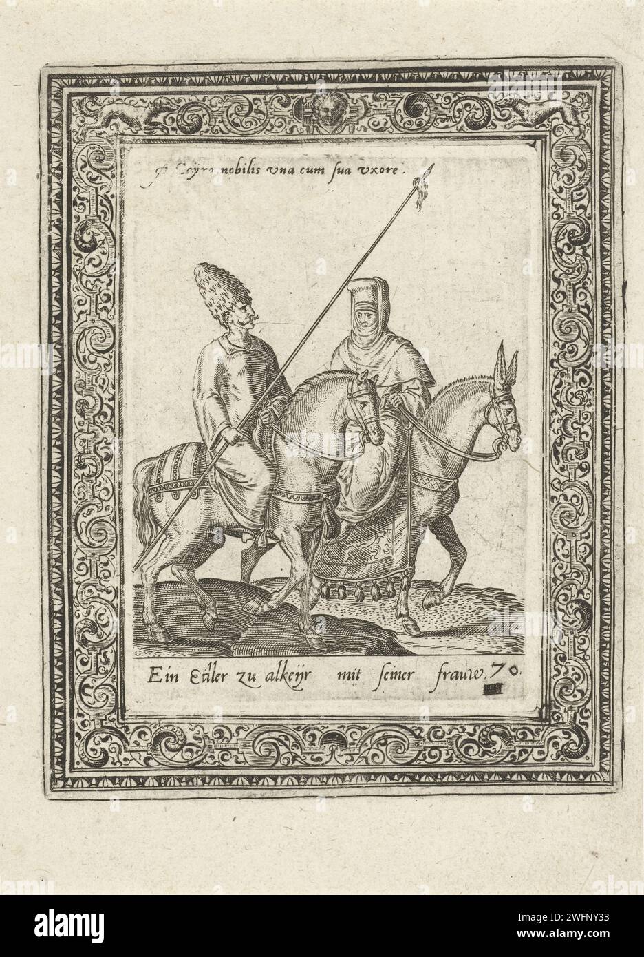 Arab Edelman and his wife on horseback, Abraham de Bruyn (attributed to), 1577  Cartouche with image of riders to the right. Their horses are in step. The riders can be recognized by their clothing as an Arab nobleman and his wife. He has a rocket in his hand. The print has a German caption and Latin inscription. Print originally from 'Equitum Descripcio ...', 1577. Cologne paper engraving warfare; military affairs (+ cavalry, horsemen). folk costume, regional costume. Asiatic races and peoples (with NAME). nobility and patriciate; chivalry, knighthood Stock Photo