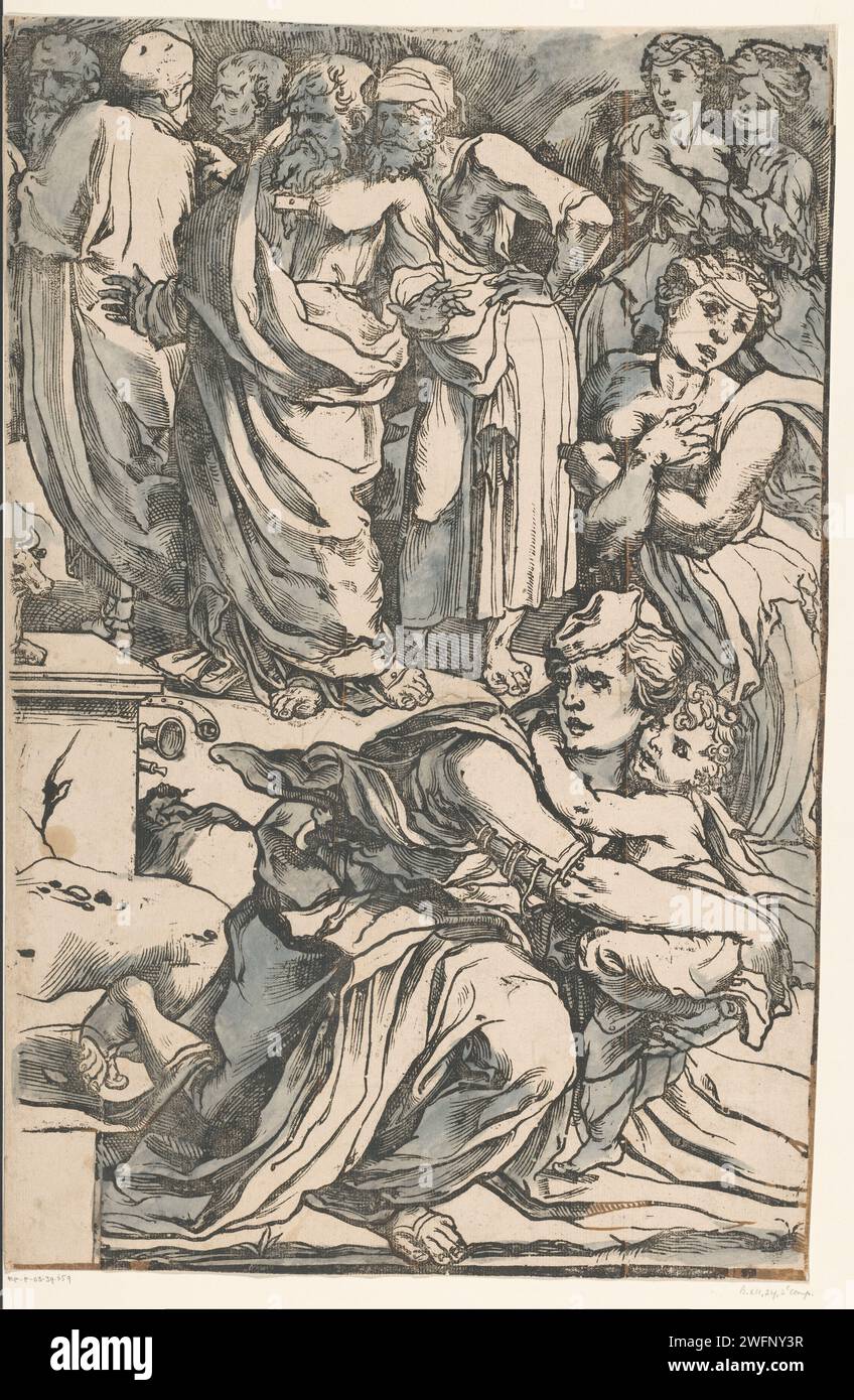 Mozes breaks the Tables of the Law (fourth part), Andrea Andreani, After Francesco Vanni, After Domenico Beccafumi, 1590 print Moses holds a stone tablet above his head, ready to throw it down. On the right the Golden Calf that is honored by the people. On the left the Israelites who throw gold jewelry in the fire to forge the Golden Calf of it. print maker: Italyafter design by: Siena paper. ink brush / pen on seeing the idolaters Moses breaks the tables of the law Stock Photo