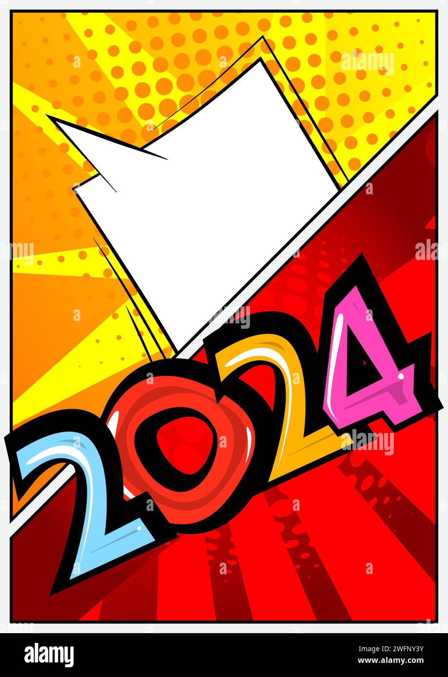 Cartoon 2024 with blank speech bubble sign, comic book New Year