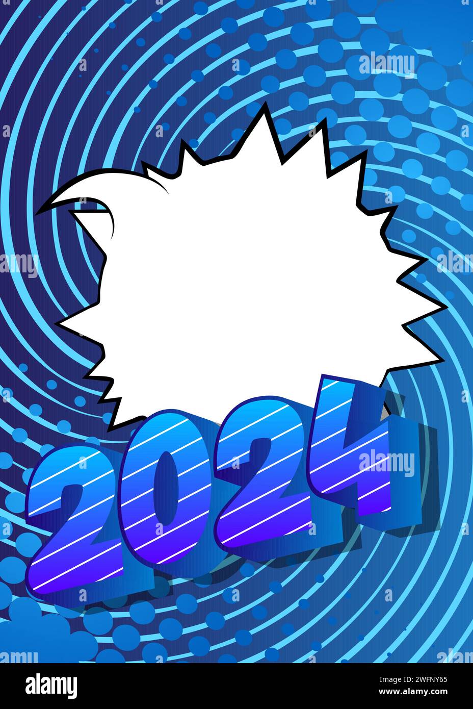Cartoon 2024 with blank speech bubble sign, comic book New Year