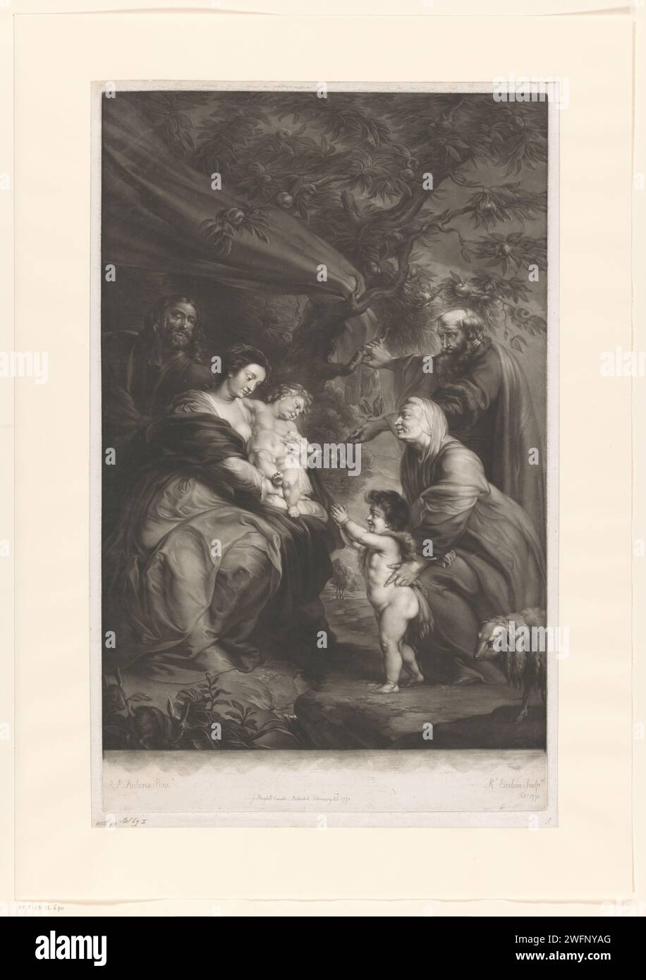 Holy family with Elisabet, Zacharias and Johannes de Baptist as a child, Richard Earlom, after Peter Paul Rubens, 1771 print  London paper  Holy Family with John the Baptist; Elisabeth and Zacharias present Stock Photo