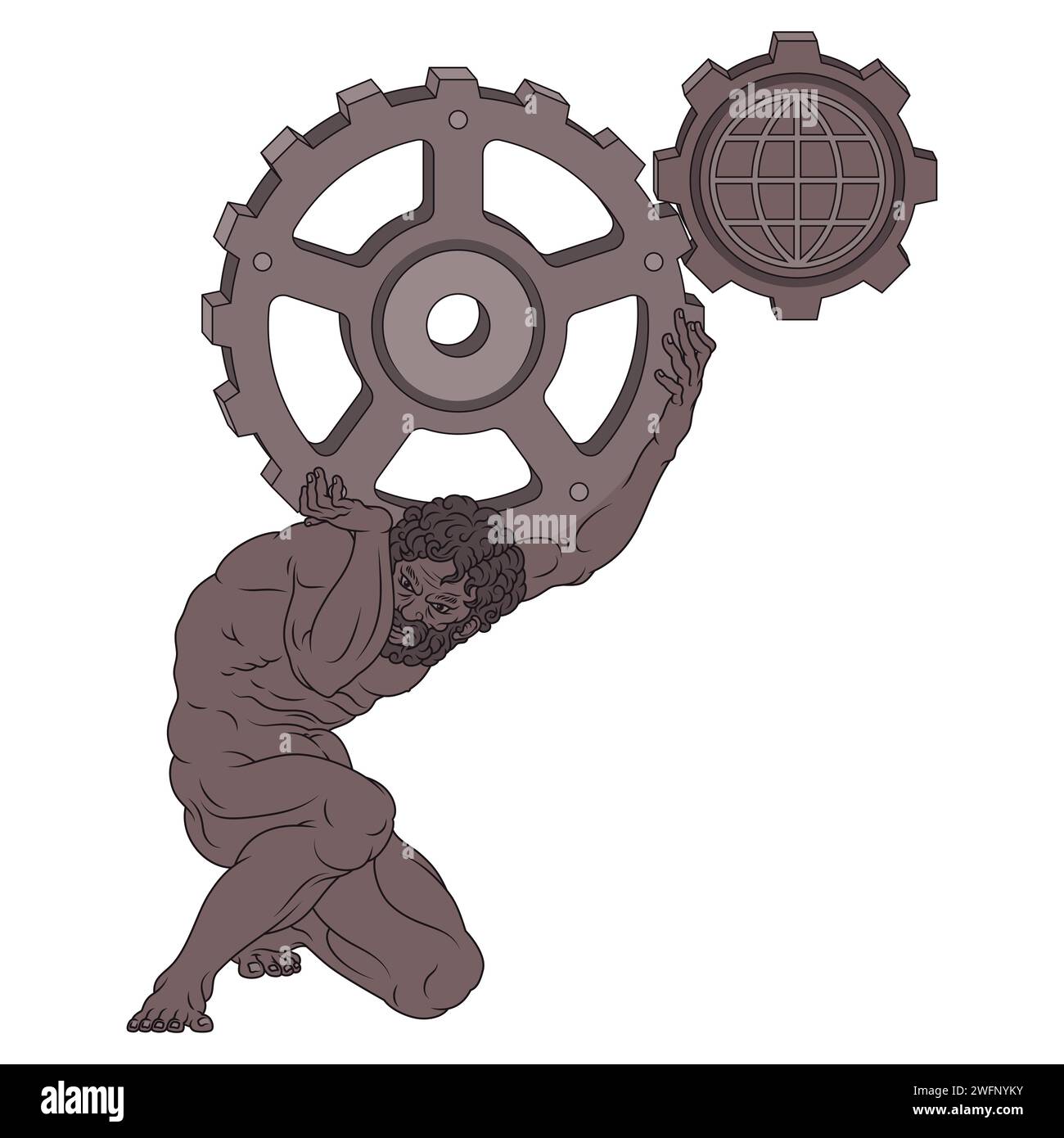 Vector design of titan Atlas holding cogwheels on his shoulders, titan from Greek mythology holding gears Stock Vector