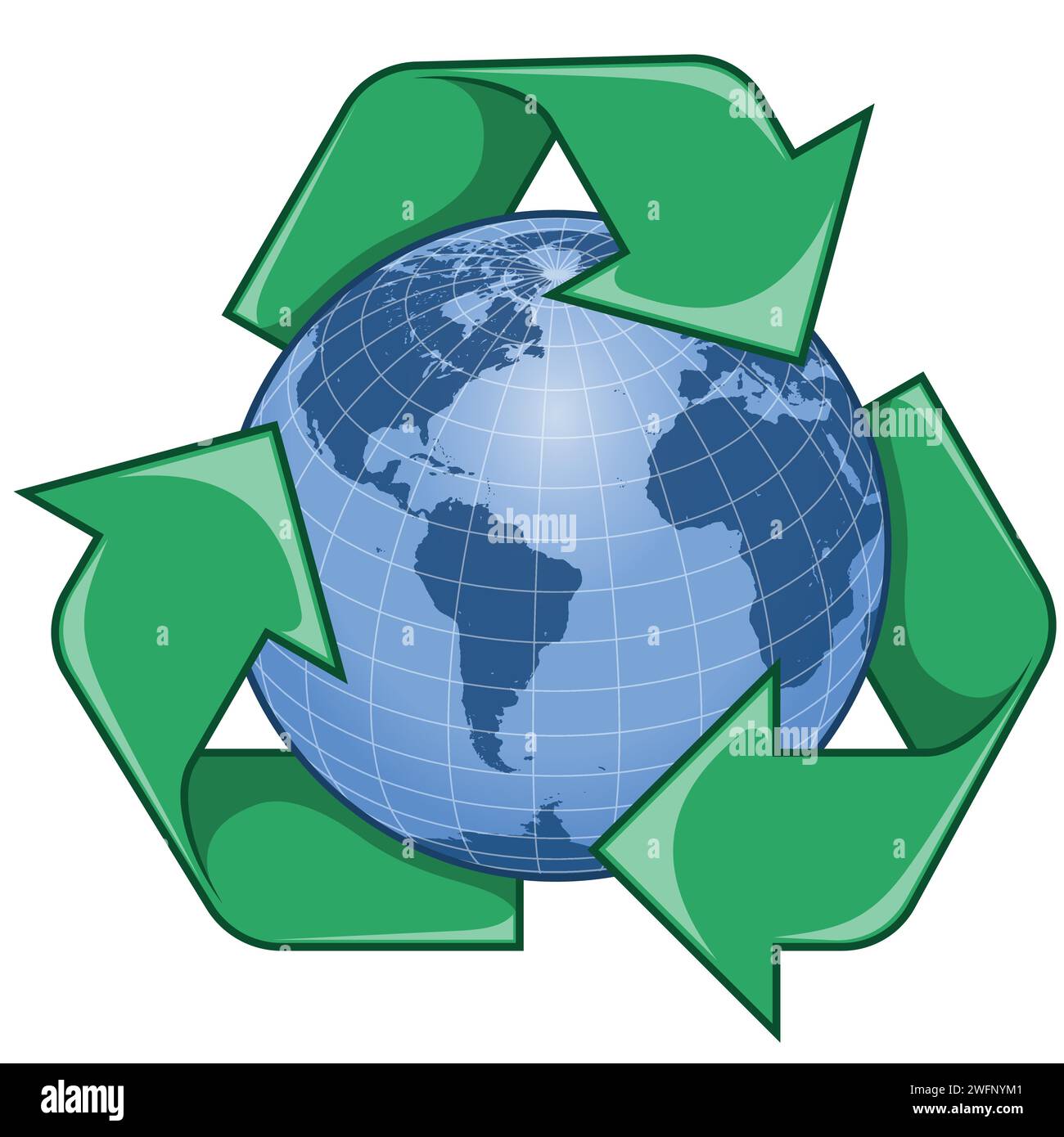Recycling logo vector design with Planet Earth, earth sphere design with recycling arrows Stock Vector