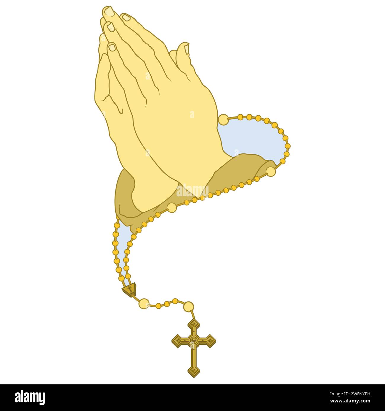 Vector design of praying hands with christian rosary, symbol of