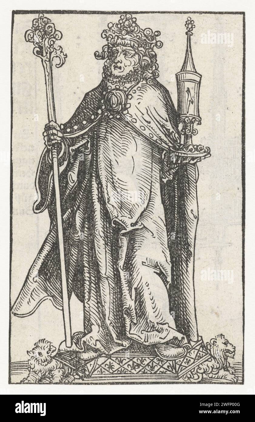 Reliekbeeld with a king and relic holder, Lucas Cranach (I), 1509 - 1549 print Book illustration with an reliquary of an un identified king standing with crown, mantle and staff. The king holds a relic holder. Wittenberg paper  king. relics (and reliquaries) Stock Photo