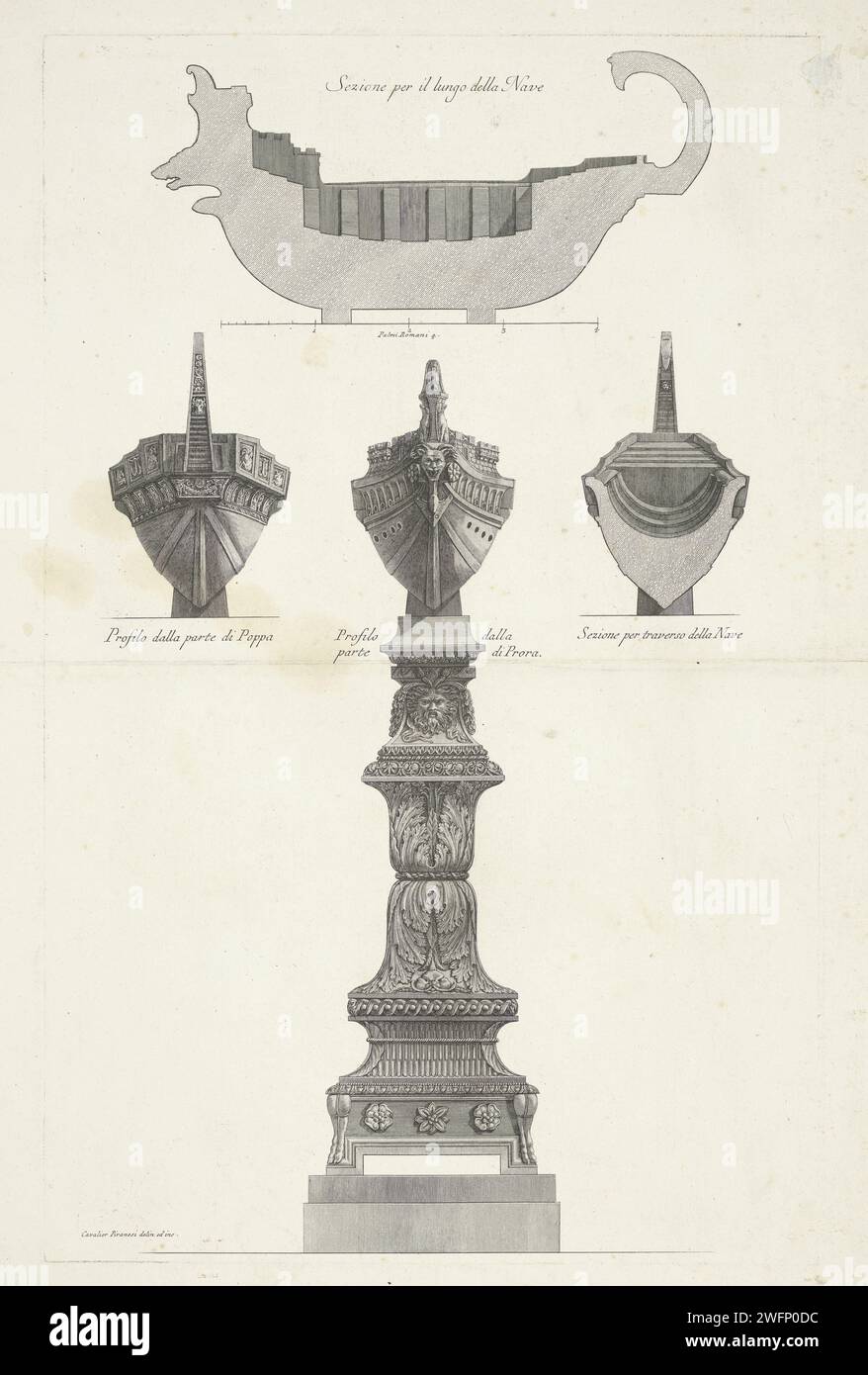 Marble Trireem on a pedestal, Giovanni Battista Piranesi, 1778 print A marble trireem (warship from antiquity) on an ornamental pedestal. Around different views and sections of the Trireem. Captions for the various performances. Rome paper etching piece of sculpture, reproduction of a piece of sculpture. military vehicles (+ naval force) Stock Photo