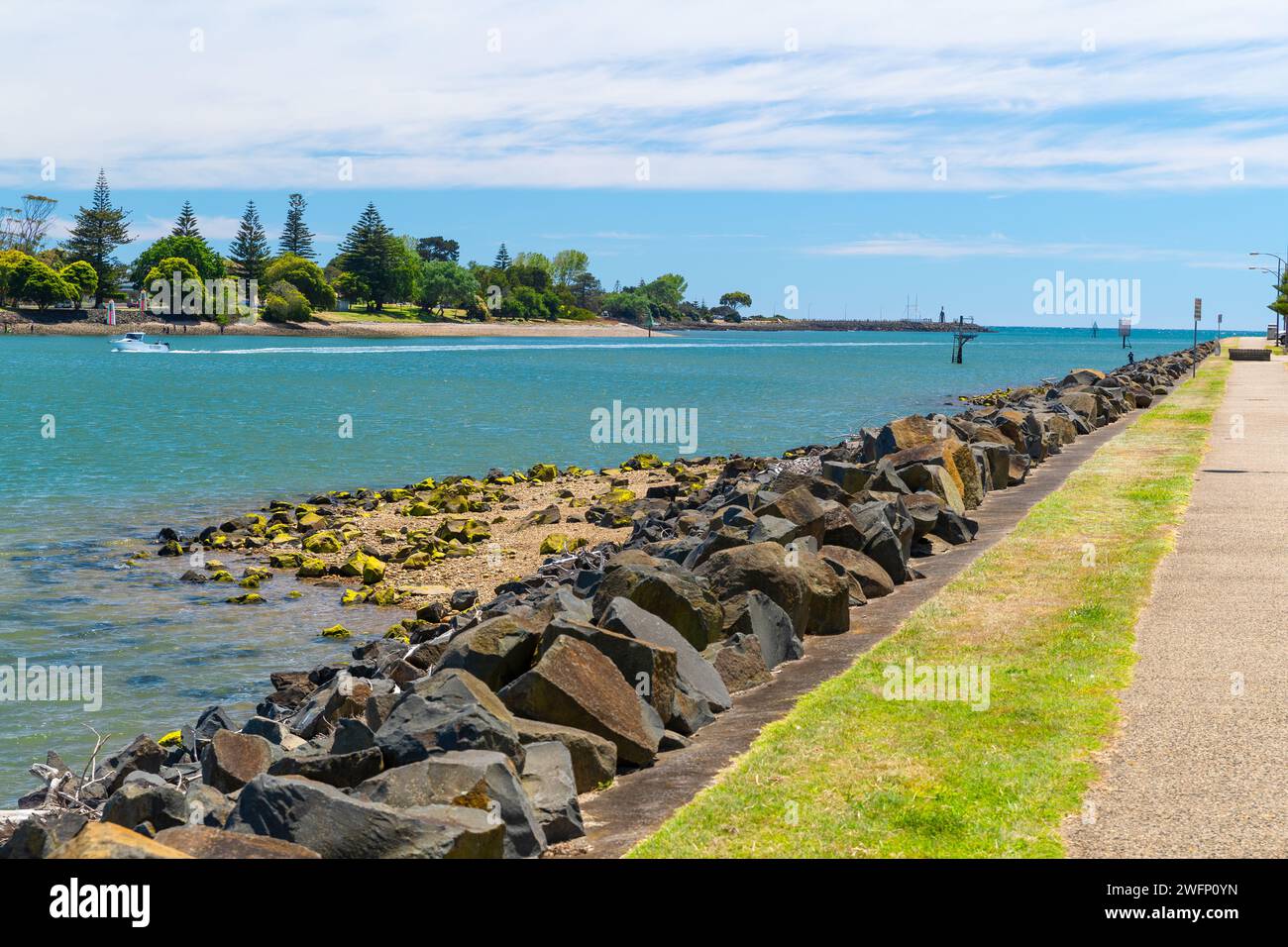 The Mersey River and Devonport in Tasmania, Australia, seen from the Heritage Walking Track in East Devonport. Stock Photo