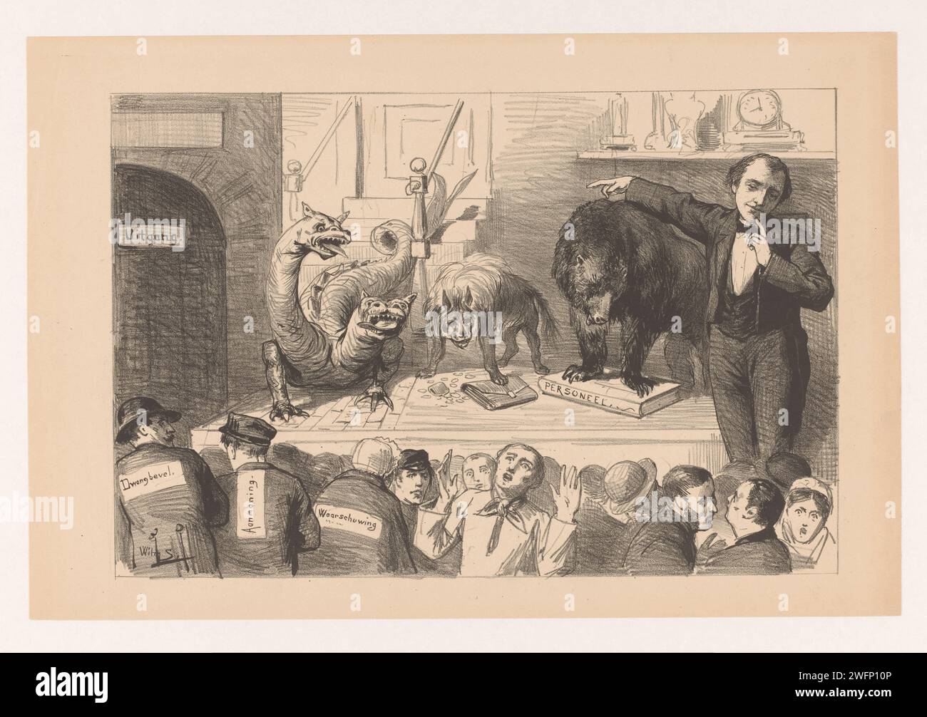 Cartoon on Amsterdam taxes, Willem Steelink (II), in Or Before 1887 print A man shows his audience three monstrous animals: the street money Hydra, the Income Hyena and the Optcents Beer. Between the public are the left of writ of execution, reminder and warning. print maker: Netherlandsprinter: Amsterdam paper  beasts of prey, predatory animals. taxes and financial administration Stock Photo