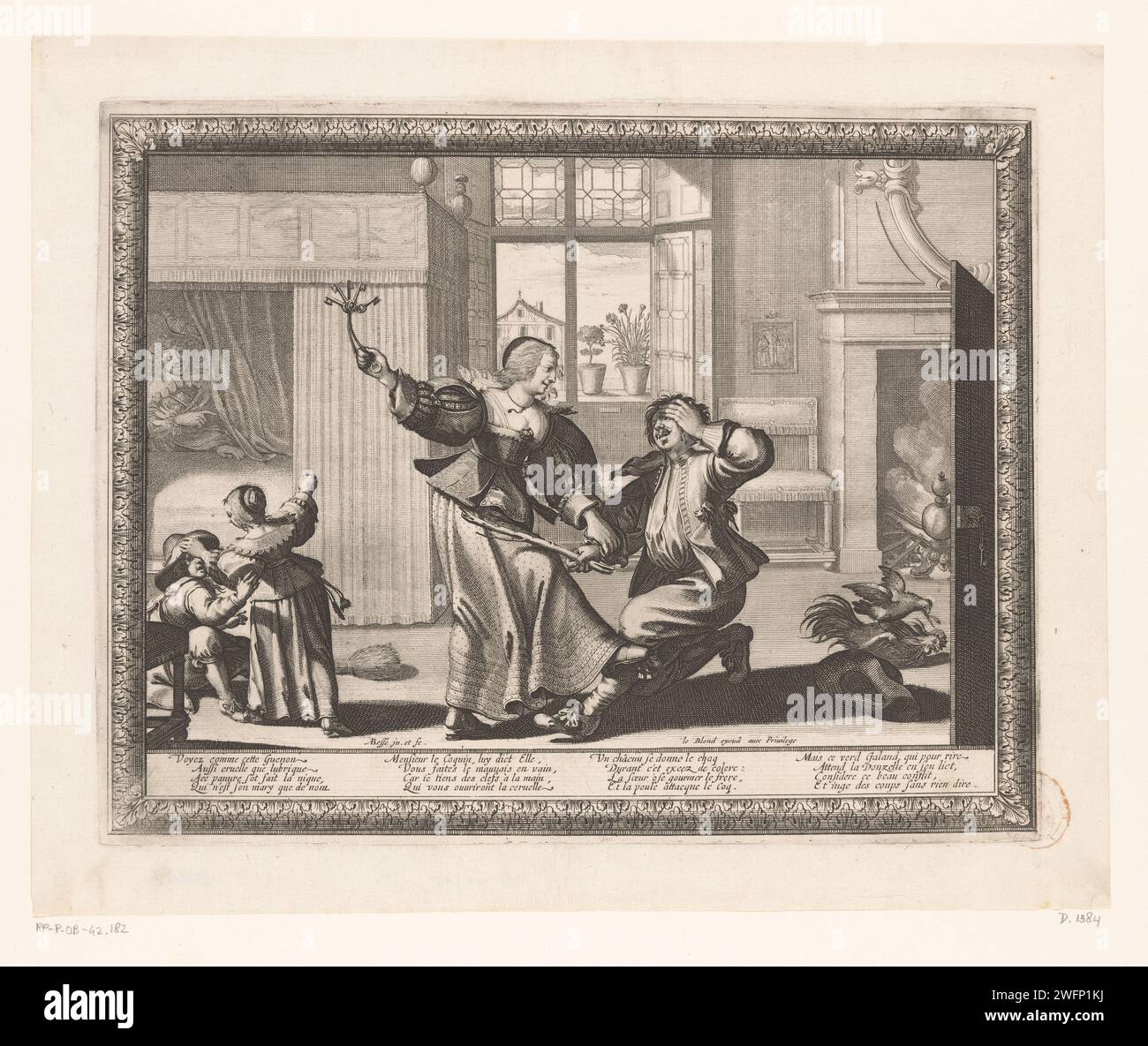 Wife hitting her husband with a keys, Abraham Bosse, 1630 - 1632 print ...