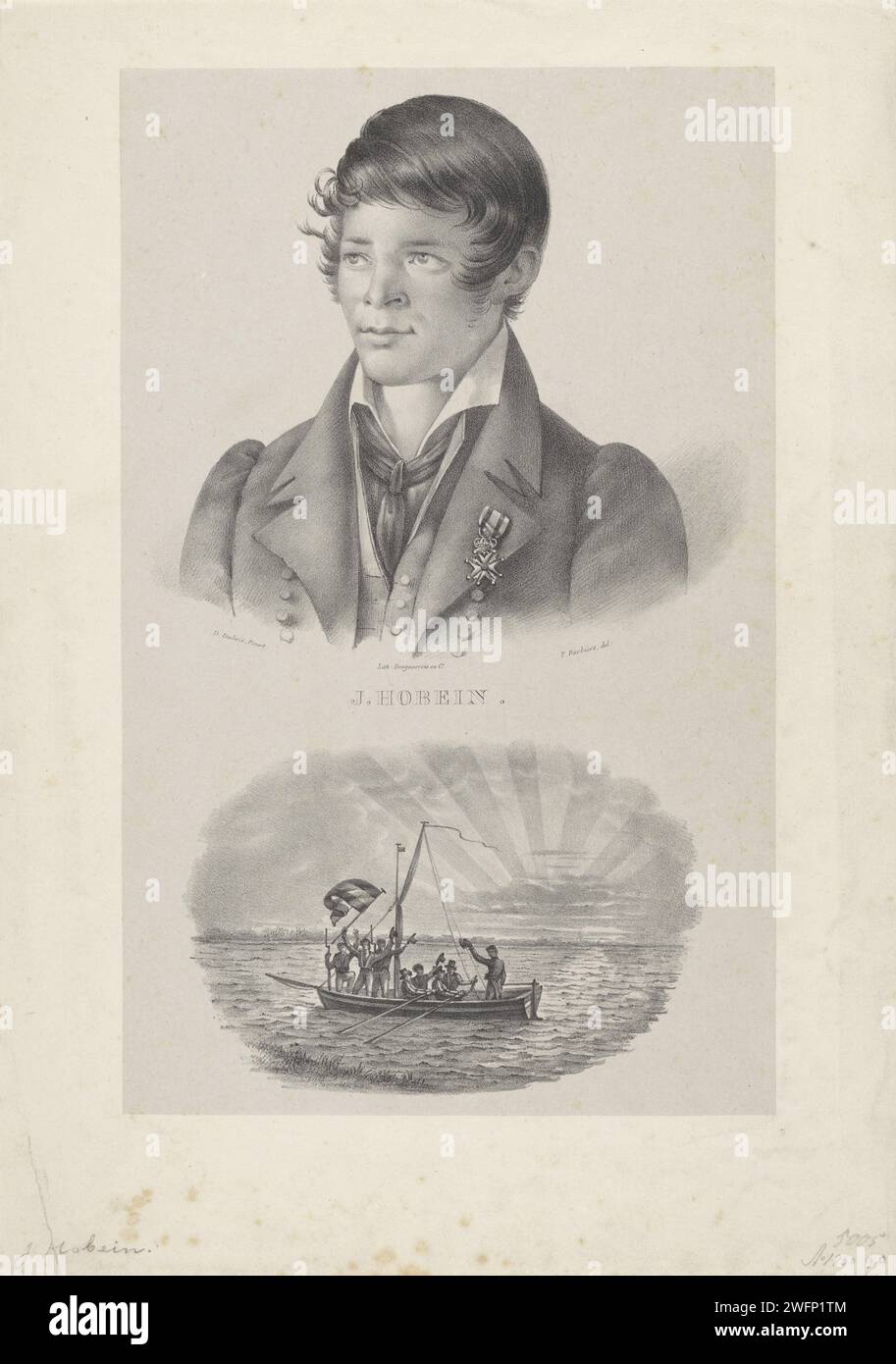 Portrait of sailor Jacob Hobein and his boat, Pieter Barbiers (IV), After D. Dubois, 1808 - 1848 print He wears a military William order on his chest. Under the portrait a scene with a boat on which the crew raises the Dutch flag in the air. print maker: Netherlandsprinter: Amsterdam paper  sailor. rowing facing forward, pushing. saluting with flag Stock Photo