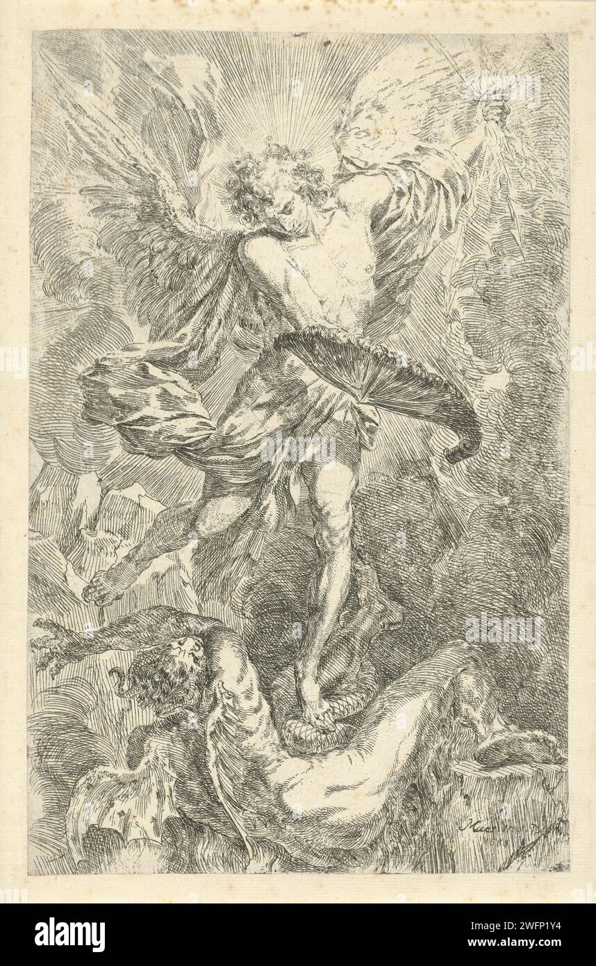 Archangel Michaël kills the dragon, Godfried Maes, 1684 print  Antwerp paper etching the Archangel Michael fighting the dragon (devil, Satan) Stock Photo